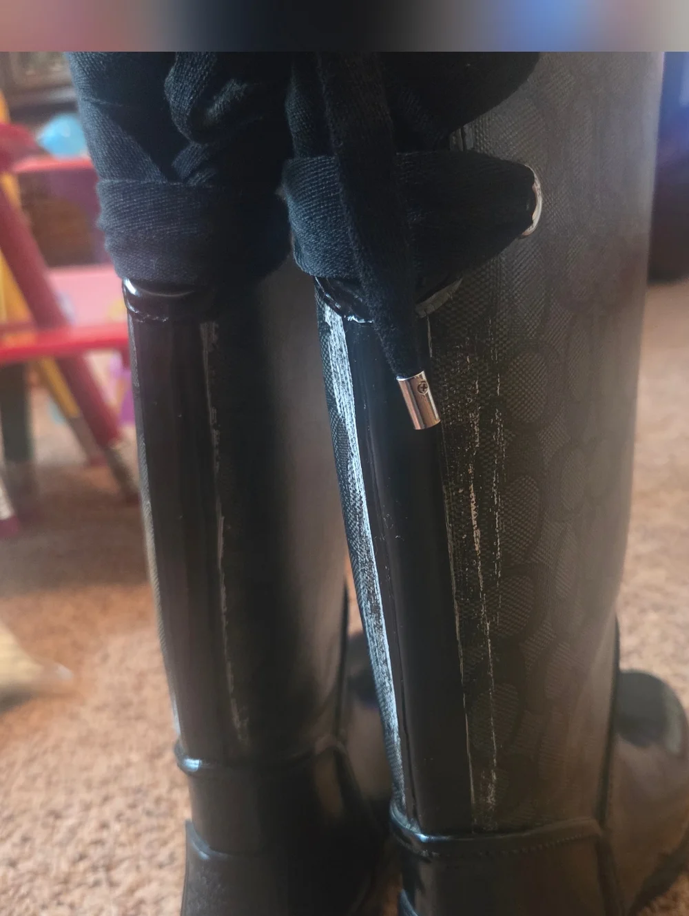 Coach Black Signature Logo Rain Boots with Lace-Up Detail